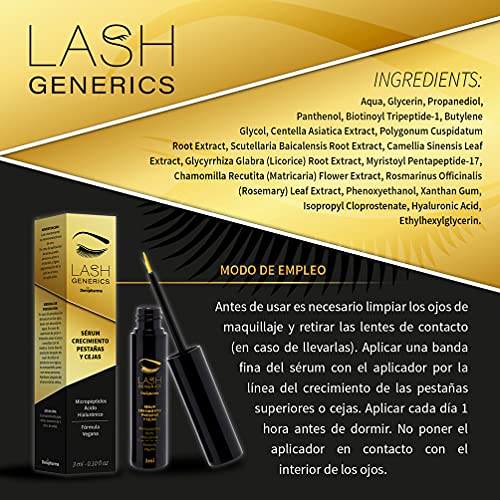 LASH GENERICS - Revolucionario Tratamiento Crecimiento Pestañas y Cejas 3 ml - Único con micropéptidos y ácido hialurónico - *Mejor producto para pestañas 2021* - Resultados en 2 semanas.