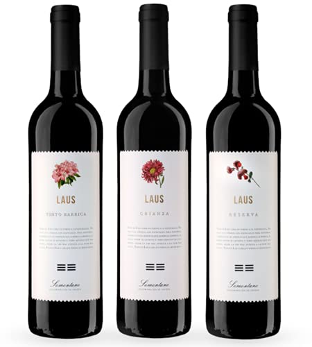 LAUS - Estuche de Vino 3 Botellas de Vinos Tintos - Tinto Barrica, Tinto Crianza y Tinto Reserva - Denominación de Origen Somontano - 3 Botellas de 75 cl - Selectas Variedades