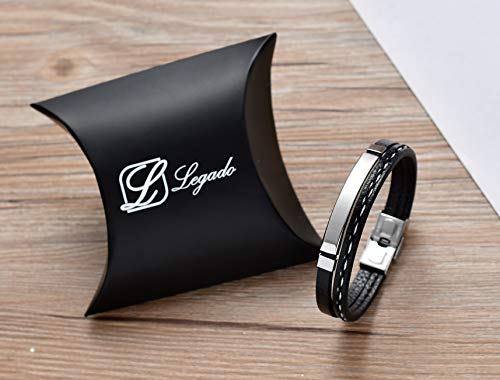 LEGADO Pulsera Hombre, Cuero PU y Acero Inoxidable, Brazalete Vikingo Chico Negra combinable con Anillo Pendiente Collar Colgante o Tobillera muñequera, Personalizable (Silver 21,5)