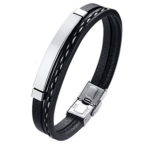 LEGADO Pulsera Hombre, Cuero PU y Acero Inoxidable, Brazalete Vikingo Chico Negra combinable con Anillo Pendiente Collar Colgante o Tobillera muñequera, Personalizable (Silver 21,5)