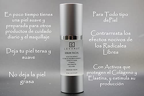 LEVANUÉ Serum Facial con Vitamina C y Ácido Hialurónico | Antiarrugas con Aloe Vera | Antiedad con Extracto de Corteza de Pino Maritimo Frances | Extracto de Caviar | Factores de Crecimiento