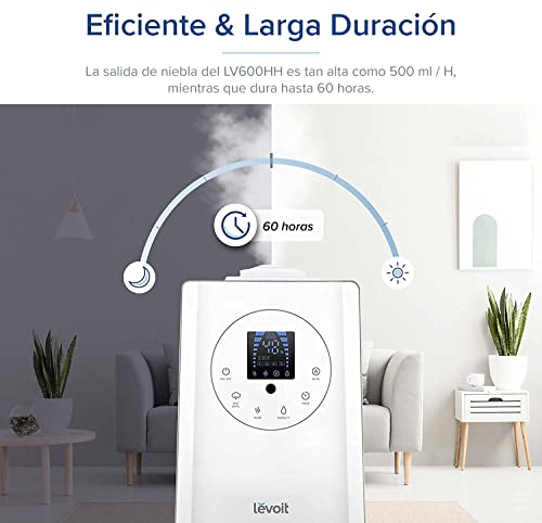 LEVOIT Humidificador Ultrasónico 6L de Vapor Caliente y Frío a Bebes, Humidificador Aromaterapia a 36H y 70 m², Silencioso Auto Modo <32 dB y Temporizador, Doble Boquillas 360°, 3 Niveles Ajustables