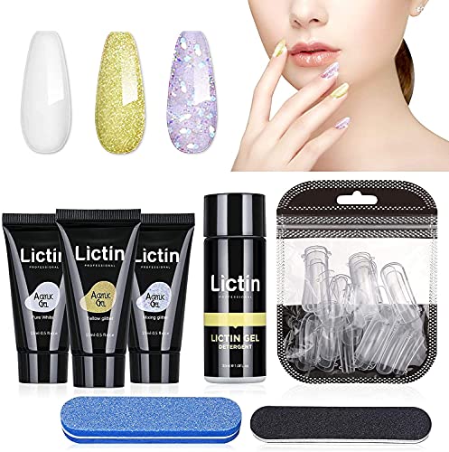 Lictin Kit Uñas de Gel-3 Colores Kit Poly Gel para Uñas, Kit Gel de Extensión de Uñas con 3 * 15ml Extension Glue, 40pcs de Uñas, 30ml Limpiador y 2 Herramientas de manicura