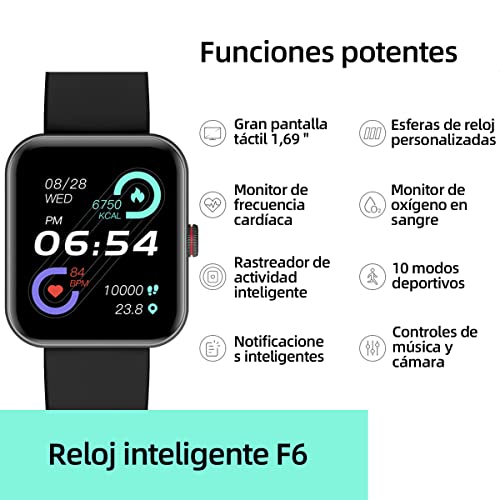 LIMEIES Smartwatch, Reloj Inteligente, Pantalla 1.69", Llamadas, Altavoz, Pulsómetro, Monitor de oxígeno Sangre, Podómetro, Impermeable IP68, Empuje de información, Rastreador de Actividad (Negro)