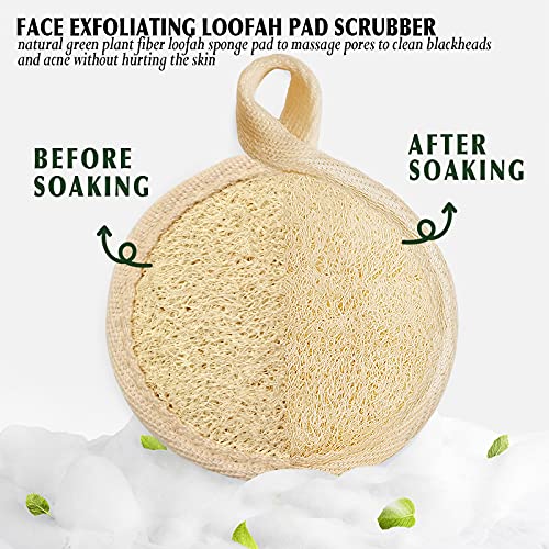 Limpiador de esponja exfoliante facial, cepillos de limpieza manual y desmaquillantes de 4 piezas, esponja de esponja vegetal de fibra verde natural para masajear los poros sin dañar la piel