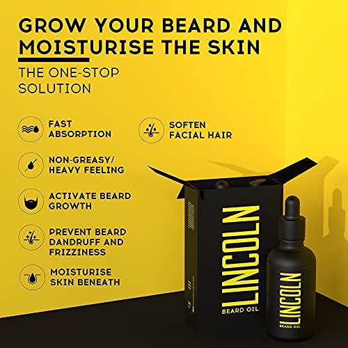 LINCOLN Aceite Barba Hombre con Aceite de Argán y Vitamina E - Aceite para Barba Hombre, Natural Beard Oil - Efecto Suavizante Barba, Hidrata la Piel - Aceite de Barba, Fortalece y Da Brillo, 50ml