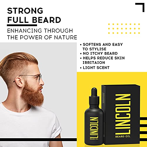 LINCOLN Aceite Barba Hombre con Aceite de Argán y Vitamina E - Aceite para Barba Hombre, Natural Beard Oil - Efecto Suavizante Barba, Hidrata la Piel - Aceite de Barba, Fortalece y Da Brillo, 50ml