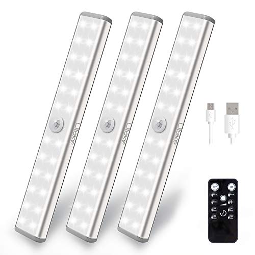 Litake Luz del Armario USB Recargable, 20 LED Luz Nocturna Inalámbrico Control Remoto Ajuste de Brillo Cinta Magnética Minutero Luces LED para Cocina Armario Gabinete Guardarropa, 3 Unidades