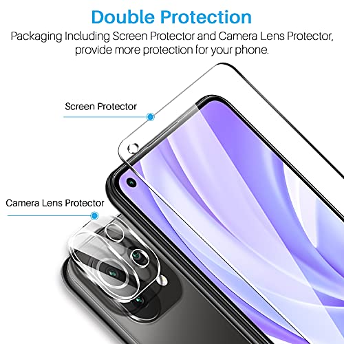 LK Compatible con Xiaomi Mi 11 Lite 4/5G/Xiaomi Mi 11 Lite 5G NE Protector de Pantalla,2 Pack Cristal Templado y 2 Pack Protector de Lente de cámara, Doble protección