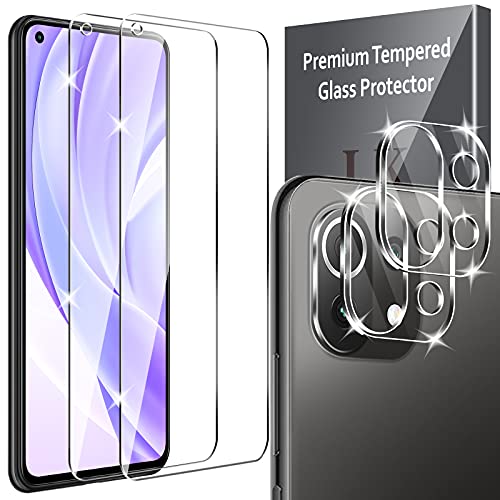 LK Compatible con Xiaomi Mi 11 Lite 4/5G/Xiaomi Mi 11 Lite 5G NE Protector de Pantalla,2 Pack Cristal Templado y 2 Pack Protector de Lente de cámara, Doble protección