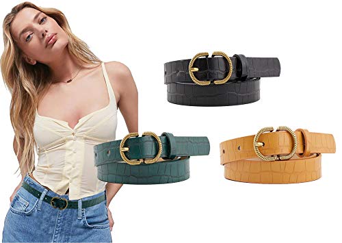 Longwu Paquete de 3 cinturones de cuero con patrón de piedra retro para mujer para pantalones vaqueros, cinturones de cintura para mujer con hebilla exquisita