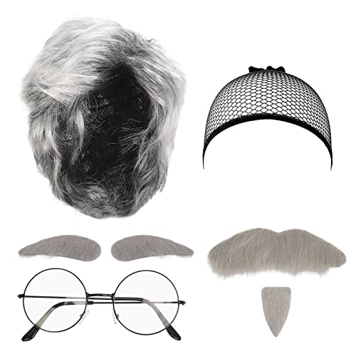 LOPOTIN 5pcs Peluca Abuelo Disfraz Abuelito Accesorio Gafas Viejas sin Grados Abuelo Bigote Holmes Cosplay Retro para Disfrazar Abuelito en Carnival Obra Teatral Moderno Escenario Fiestas Vintage