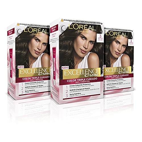 L'Oréal Paris Excellence Creme Tinte Permanente Triple Cuidado 00% Cobertura Canas Tono 3 Castaño Oscuro - Pack 3 Es, Marrón