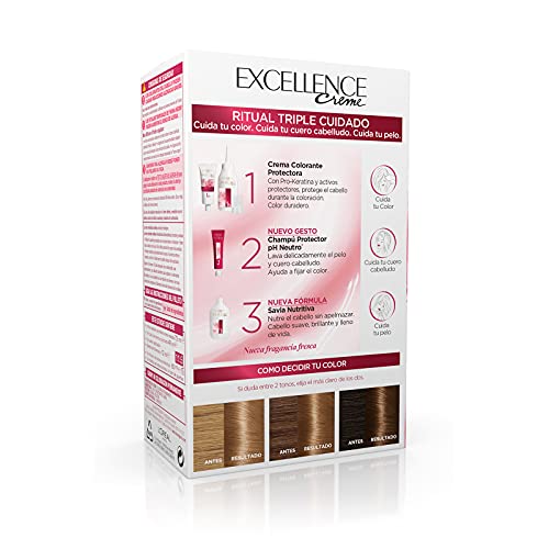 L'Oréal Paris Excellence Creme Tinte Permanente Triple Cuidado 100% Cobertura Canas Tono 7.3 Rubio Dorado - Pack 3 unidades