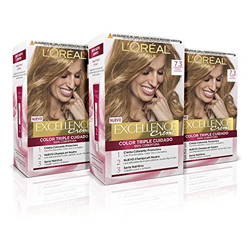 L'Oréal Paris Excellence Creme Tinte Permanente Triple Cuidado 100% Cobertura Canas Tono 7.3 Rubio Dorado - Pack 3 unidades