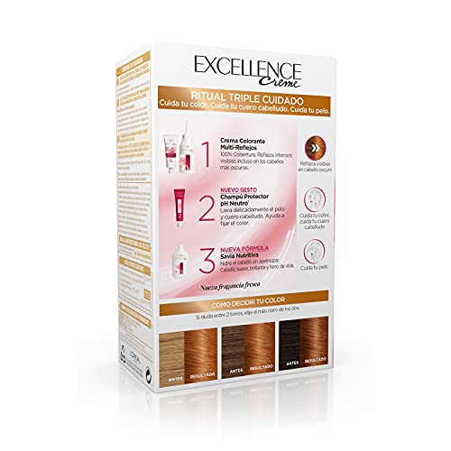 L'Oréal Paris Excellence Intense Tinte Permanente Triple Cuidado 100% Cobertura Canas Tono 7.43 Rubio Cobrizo - Pack 3 unidades