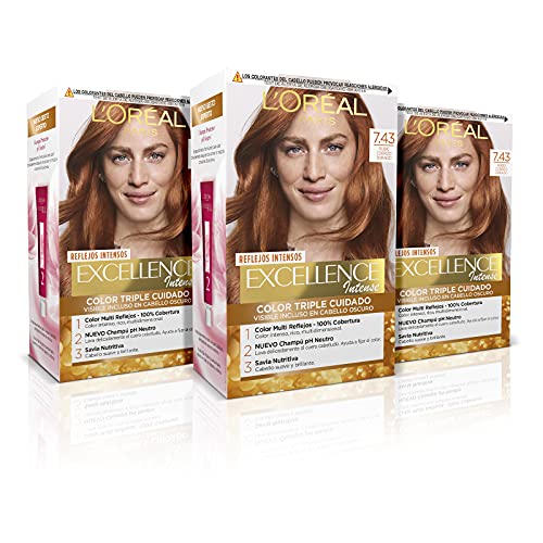 L'Oréal Paris Excellence Intense Tinte Permanente Triple Cuidado 100% Cobertura Canas Tono 7.43 Rubio Cobrizo - Pack 3 unidades