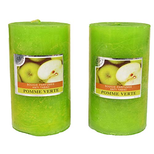 Lote de 2 velas votivas grandes perfumadas, antitabaco, candles para la decoración del interior de tu casa y para crear un ambiente Color: verde. Perfume de manzana 7 x 12 cm, duración 60 horas.