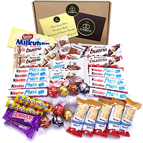 Lote envuelto para Regalo con +35 Bombones y Chocolates Kinder, Lindt, Milkibar. Con Tarjeta Dedicada Personalizada y Kinder Chocolate, Kinder Bueno, Happy Hippos y Ricos Bombones Lindt Lindor