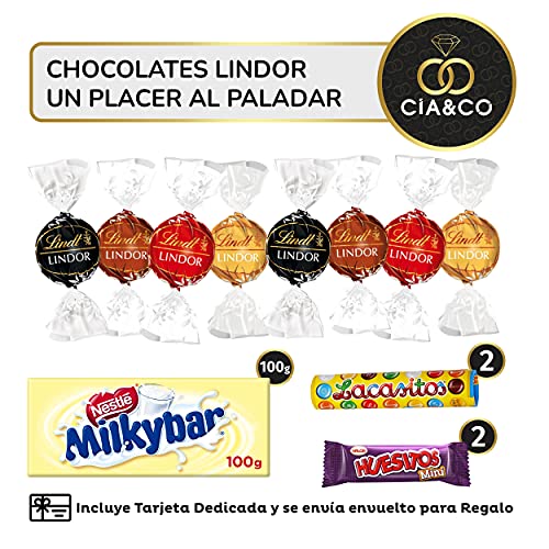 Lote envuelto para Regalo con +35 Bombones y Chocolates Kinder, Lindt, Milkibar. Con Tarjeta Dedicada Personalizada y Kinder Chocolate, Kinder Bueno, Happy Hippos y Ricos Bombones Lindt Lindor