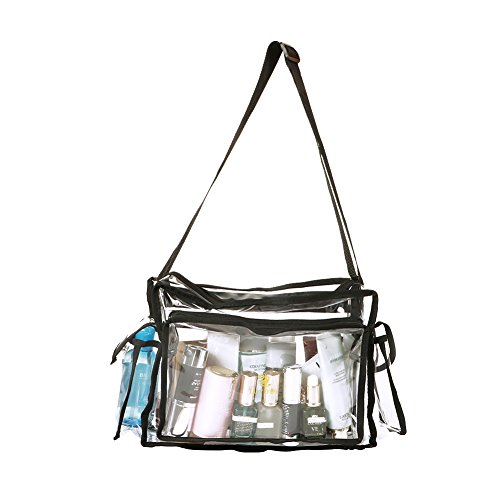 LUVODI Bolso Transparente Mujer PVC, Bolsa Maquillaje Transparente, Bolso de Cosmético PVC Viaje con Bolsillos, Impermeable y Resistente, con Correa Ajustable, 40x19x23cm