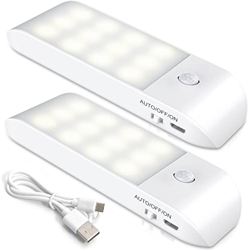 Luz Nocturna, Lámpara Nocturna Recargable con Sensor Movimiento (2 PCs con 24 LED), Luces LED Armario con 3 Modos, Luz Cálida para Armario, Gabinete, Pasillo, Escalera, Sótano, Cocina, Garaje