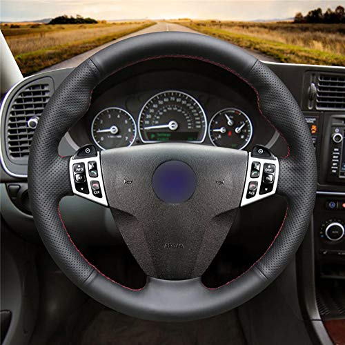 LYSHUI Black Leather Hand Sew Wrap Steering Wheel Cover,For Saab 9-3 2006 2007 2008 2009 2010 2011 9-5 2006-2009