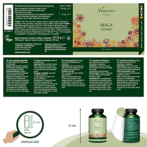 Maca Andina Vegavero® | 4200 mg | Energía + Libido + Hormonal | Cosechada en Perú | Adaptógeno Natural | 6 Meses Suministro | 180 Cápsulas | Maca Amarilla Peruana | Sin Aditivos | Maca Root