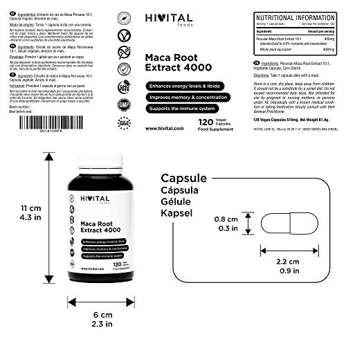 Maca Peruana Extracto Concentrado 4000 mg | 120 cápsulas vegetales | Incrementa los niveles de energía, la vitalidad y el rendimiento atlético, y ayuda al sistema inmunológico y al equilibrio hormonal