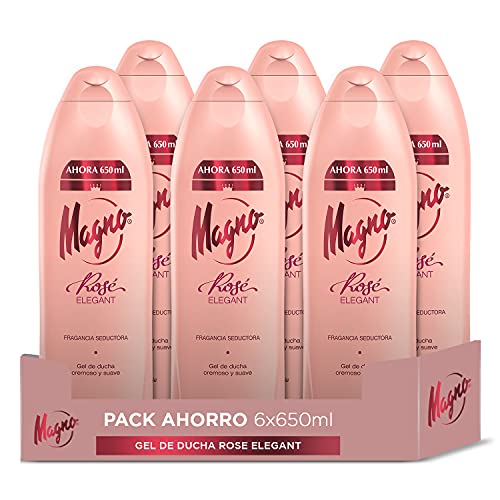 Magno - Gel de Ducha Rose - 6uds de 650ml (3.900ml) – Con aceite de almendra – Fragancia con toques silvestres y hierbas aromáticas