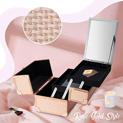 Maletín Maquillaje Estuche de Maquillaje Maletín de Joyero y Manicura Caja Maquillaje Cosméticos Organizador con Espejo Profesional Vacío Beauty Case de Viaje Regalos para Mujeres 24x17x19cm, Oro Rosa