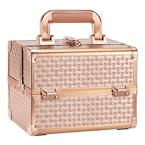 Maletín Maquillaje Estuche de Maquillaje Maletín de Joyero y Manicura Caja Maquillaje Cosméticos Organizador con Espejo Profesional Vacío Beauty Case de Viaje Regalos para Mujeres 24x17x19cm, Oro Rosa