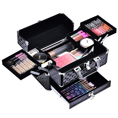 Maletín Maquillaje Profesional Negro Estuche de Maquillaje Neceser Maquillaje Cosméticos Maletín Manicura Maquillaje Caja Joyero Organizador de Viaje con Cajón y Cerradura Regalos para Mujeres