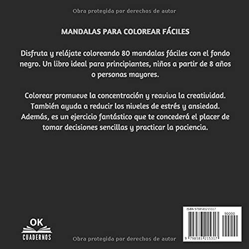 Mandalas para colorear adultos fáciles fondo negro: Libro de colorear para adultos sobre fondo negro con 80 mandalas | Cuaderno para colorear ... principiantes, niños de 8-9 años o ancianos