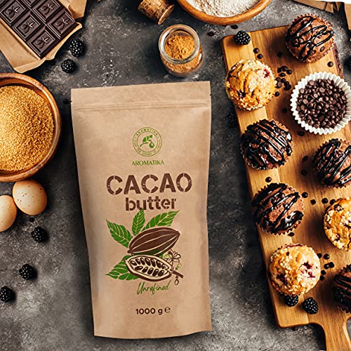 Manteca de Cacao - 1kg / 1000g - Manteca de Cacao Comestible - Theobroma Cacao - Pura y Natural - Prensada en Frío - Cruda sin Refinar - Cacao para Cocinar y Cuidado de la Belleza