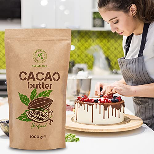 Manteca de Cacao - 1kg / 1000g - Manteca de Cacao Comestible - Theobroma Cacao - Pura y Natural - Prensada en Frío - Cruda sin Refinar - Cacao para Cocinar y Cuidado de la Belleza