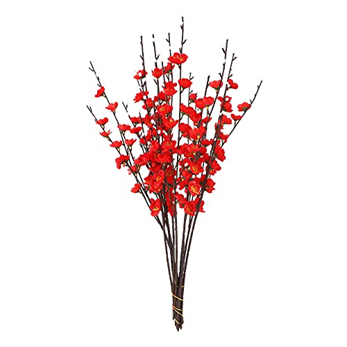 Maoiut 10 flores artificiales de ciruela, flores de seda sintética, flores de ciruelo, ramas de flores falsas, tallo largo para decoración del hogar, boda, fiesta, jardín (rojo)