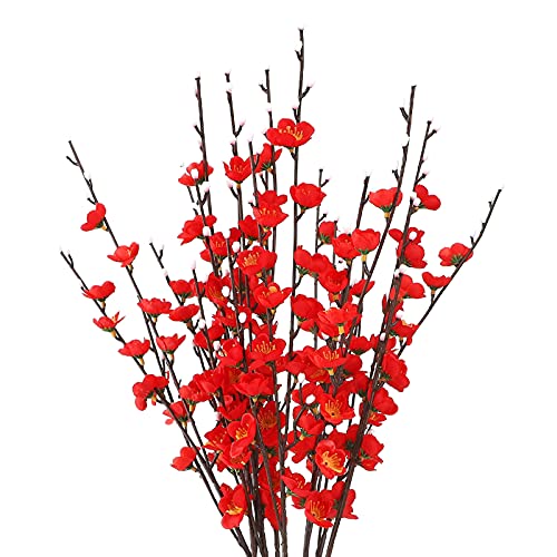 Maoiut 10 flores artificiales de ciruela, flores de seda sintética, flores de ciruelo, ramas de flores falsas, tallo largo para decoración del hogar, boda, fiesta, jardín (rojo)