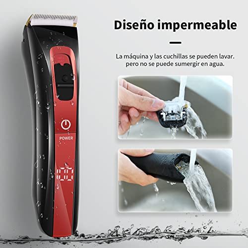 Maquina Cortar Pelo Profesional Cortapelos Hombre Recargable Inalámbrica con Peines 4-24 mm/Derecha/Izquierda Recortador Pelo Barba IPX6 Impermeable Kit Familia, Rojo