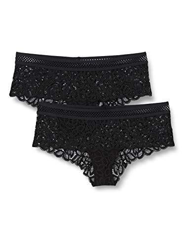 Marca Amazon - IRIS & LILLY Culotte de Crochet y Encaje Mujer, Pack de 2, Negro (Black), XS, Label: XS