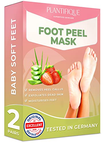 Mascarilla Exfoliante Pies de Fresa probada dermatológicamente - calcetines exfoliantes de pies para callos y peeling pies de Plantifique - Eficaz para callos, piel muerta y seca - 2 pares