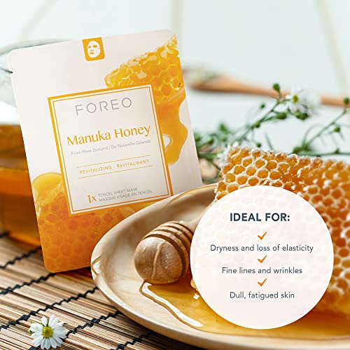 Mascarilla facial FOREO Manuka Honey para piel seca y fatigada, pack de 3, fórmula profundamente nutritiva y anti-edad, no testada en animales y compatible con los dispositivos UFO