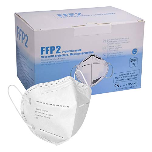 Mascarilla FFP2 CE 2163, Mascarilla de Protección Personal homologada. 5 capas. Alta Eficiencia Filtración BFE de 95%, (20 piezas blanca))