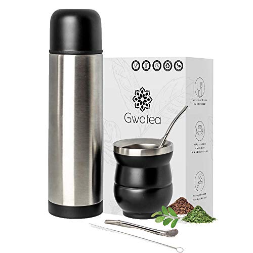 Mate argentino Calabaza Kit y su bombilla - Pack con termo isotérmico, vaso para mate de doble pared, bombilla de paja de acero inoxidable y cepillo de limpieza - calabaza para Yerba mate uruguayo