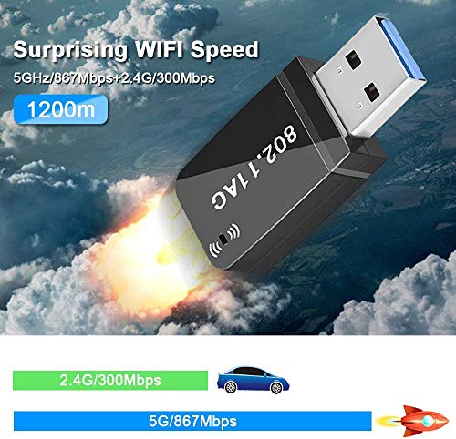 Maxesla Antena Wifi USB, Mini 1200Mbps Adaptador Wifi USB Banda Dual 2.4G/5GHz, Receptor Wifi USB para PC Desktop Laptop Tablet, USB Wifi Soporta Windows 7/8/8.1/10/ Mac OS 10.7-10.12 / Mac OSX, Negro