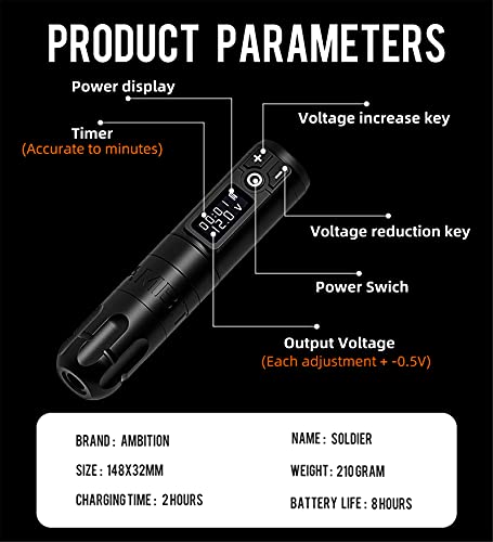 MAXS Batería De Pluma Inalámbrica Para Máquina De Tatuaje Con Paquete De Energía Portátil Pantalla LED Digital De 1950 Mah Para Arte Corporal,Negro