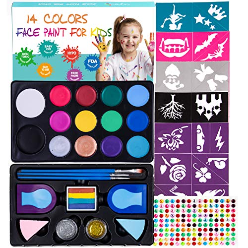 Maydear Kit de pintura facial para niños con 14 colores, pintura facial grande segura y no tóxica a base de agua, 52 plantillas, 160 gemas, 2 tizas para el cabello, 2 purpurina