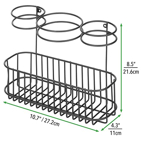 mDesign Soporte de pared para secador de pelo – Práctico estante de baño con 3 divisiones para utensilios de peluquería – Organizador de baño para secador, plancha o rizador – negro