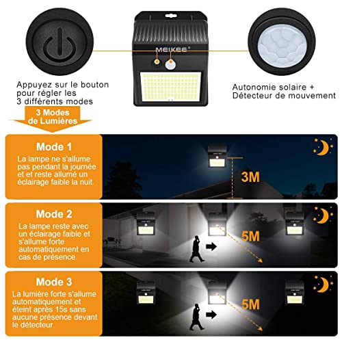 MEIKEE Lámparas Solares de Seguridad 450LM, LED Foco Solar con Sensor de Movimiento IP65, Iluminación de Exterior Blanco frío para jardín, terraza, camino, trastero(2 pack)