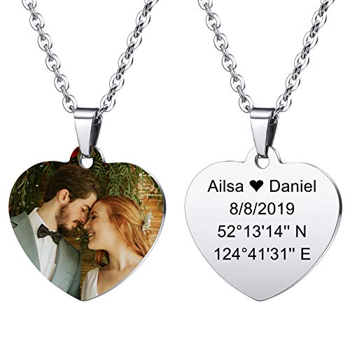 MeMeDIY Colgante de corazón Personalizado para Hombres Mujeres Grabado Nombre/Texto/Fecha/Color Imagen Collar de Fotos para Parejas Regalos de Dama Honor Mejor Amigo Amantes Acero Inoxidable Joyería